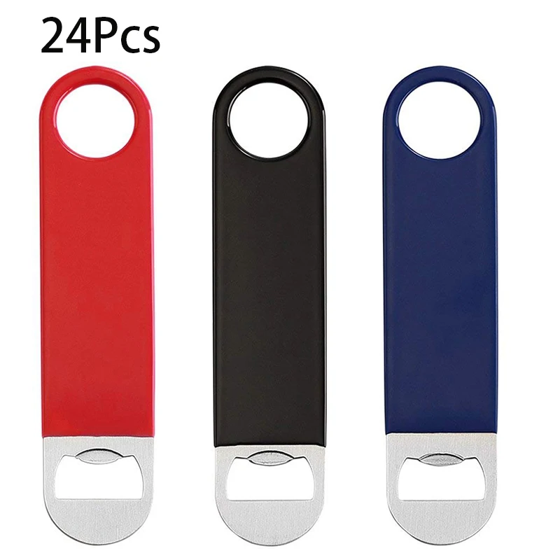 

24 Pcs Heavy Duty Stainless Steel Flat Bottle Opener Solid and Durable Beer Openers Red, Black, Blue