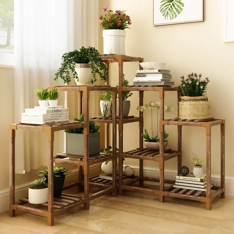 Práctico soporte de madera para plantas, soporte para macetas de jardín al aire libre, estante de flores para interiores, exhibición de plantas decorativas