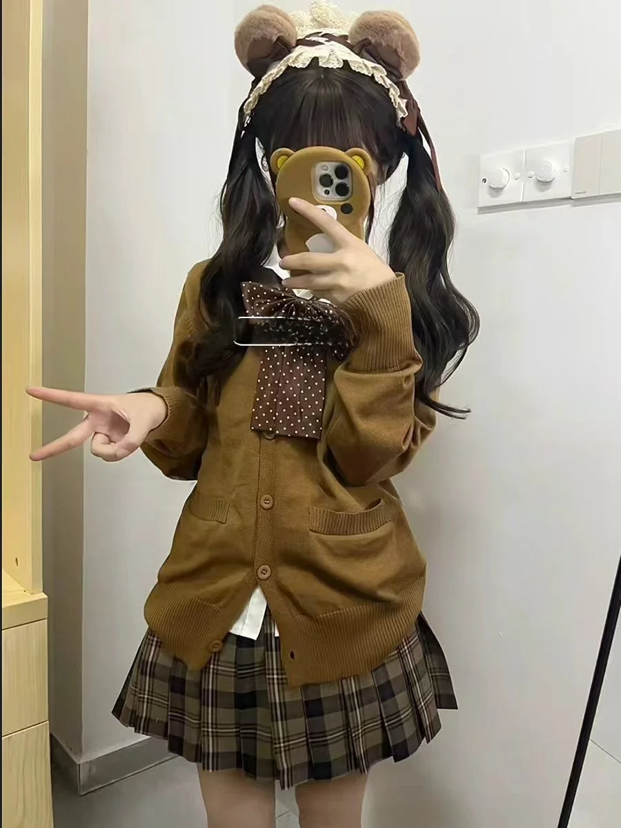 

Оригинальный японский Sle JK orm Осенне-зимний комплект клетчатая юбка Long Sve Вязаный открытый кардиган Свитер College Sle Мягкий...