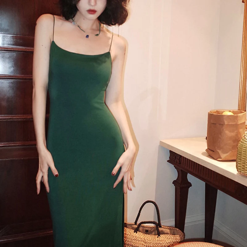 Vintage Green Spaghetti Strap Long Dress Women Solid Color Sleeveless Bodycon Dresses Woman Sexy High Split Vestidos Female