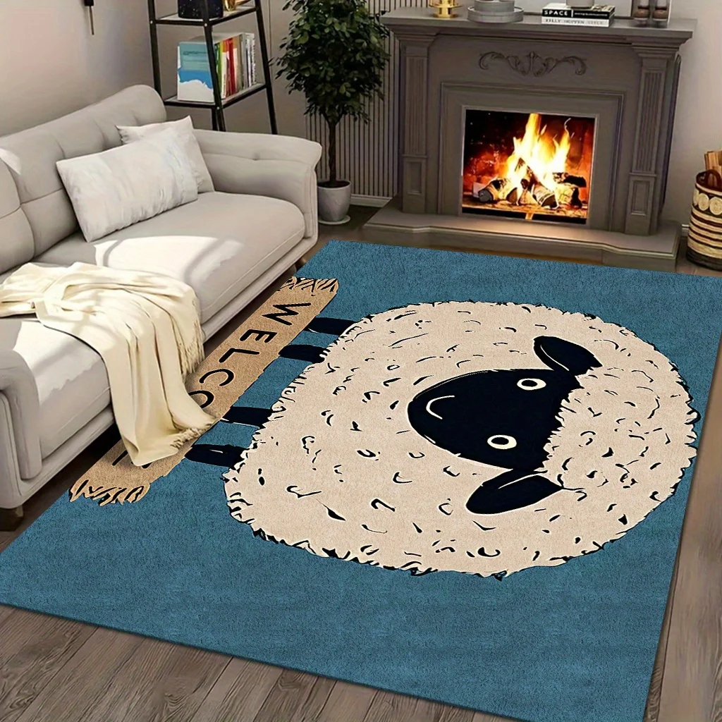 Cute Sheep Door Mat, Fluffy White Lamb Pattern, Blue Farmhouse Welcome Rug, Non-slip Entrance Floor Mat, Animal Home Decor