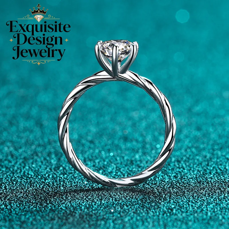 Exquisite Platinum PT950 Romantic 1-Carat Mossanite Ring for Women Twisted-Band RingSimple and Stylish Hand Jewelry