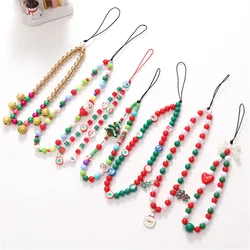 Christmas Series Charm Cell Phone Chain Santa Claus Beaded Pendant Wristband Mobile Phone Lanyard Anti-Loss Strap Festival Gifts
