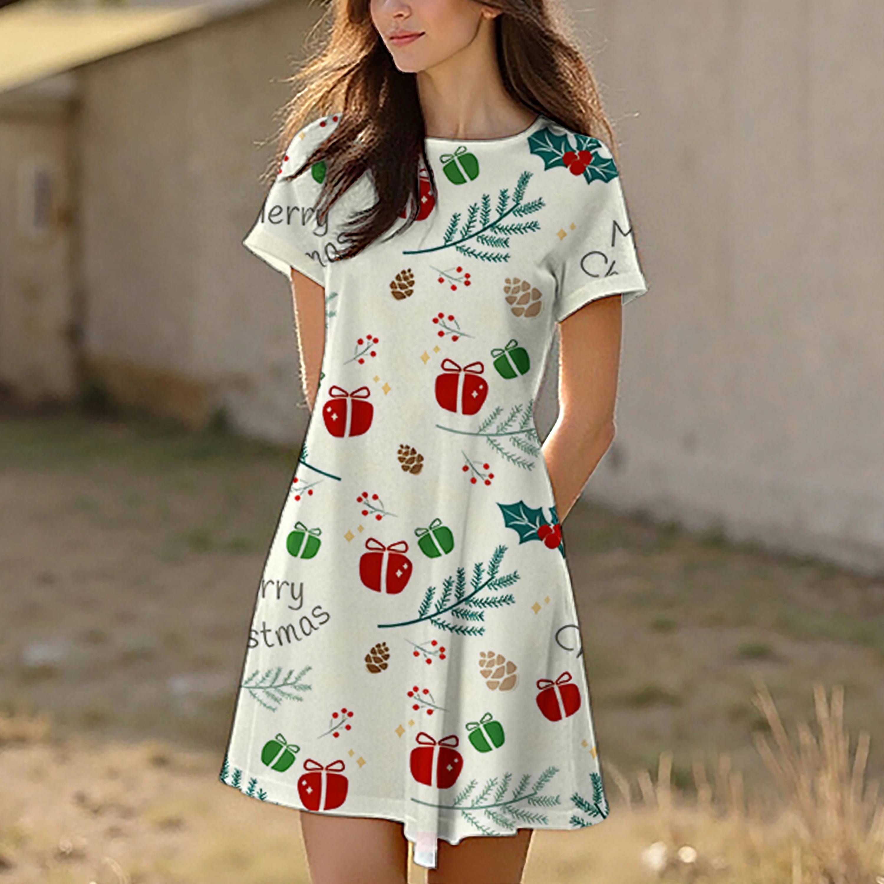 فستان نسائي صيفي لعيد الميلاد برقبة دائرية وأكمام محيطة، كاجوال، مريح وأنيق بنمط عيد الميلاد