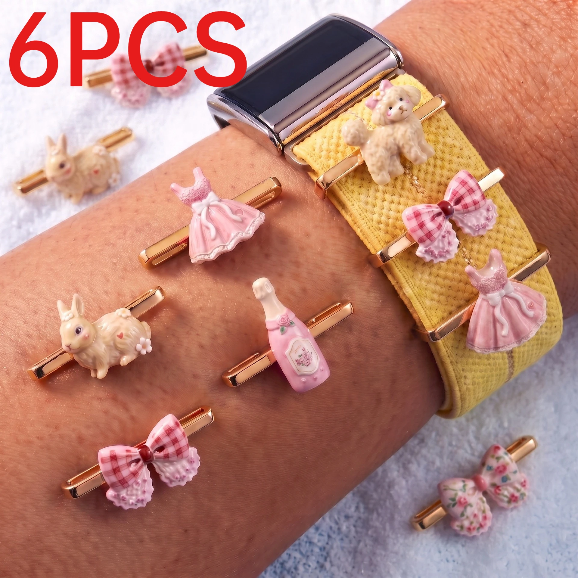 6Pcs Stainless Steel Sweet French Country Watch Band Charms DIY Jewelry Making Supplies