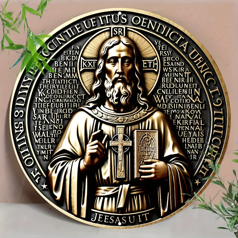 St. Benedict Medal-Inspired Aluminum Metal Wall Art, Durable Poster Board, Intricate Christian Religious Symbol Decor for Home