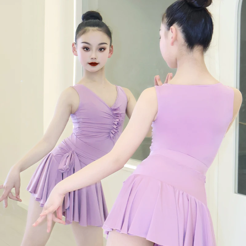 

New summer light purple Latin dance dress for girls, high-end practice dress, children's performance and dance dress set