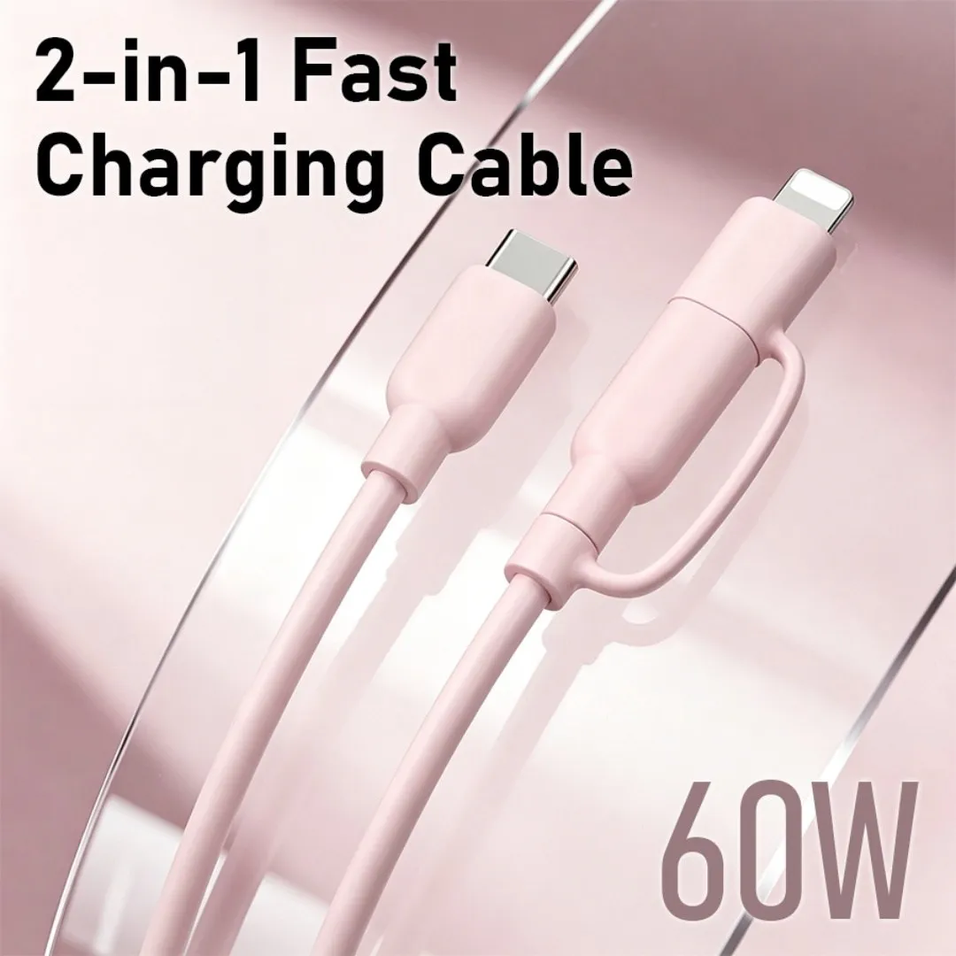 2‑in‑1 Silicone Fast Charging Cable 60W High Quality Multi‑Interface Data Cord Portable Travel Charger Cable Holiday Gift