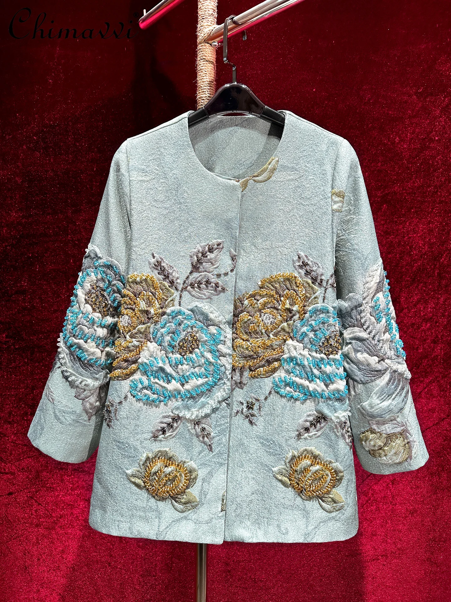 

Fashion Heavy Beading High-End Jacquard Short Jacket Women Autumn Winter New Fashion Long Sleeve Slim Fit Elegant Retro Coat