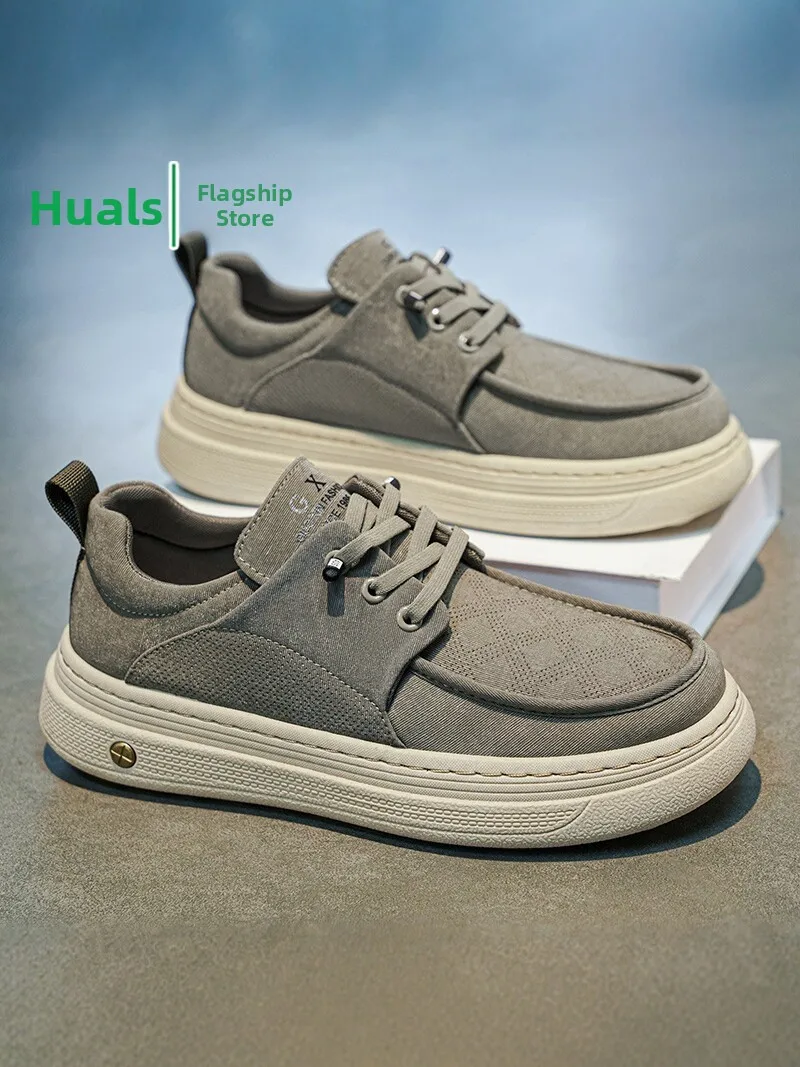 Men's Canvas Slip-On Work Shoes Breathable Casual Sports Sneakers Low Cut round Toe Thick Bottom Rubber Outsole Korean Style