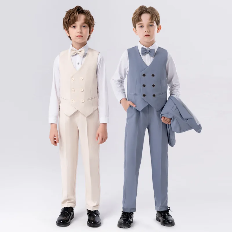 

Teenager Kids WaistCoat Shirt Pants Bowtie Tuxedo Dress Children Photograph Party Costume Boys Summer Vest Suit For Wedding