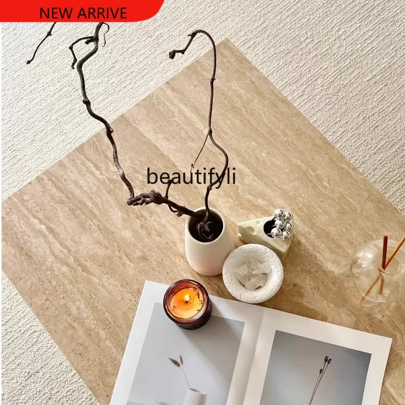 

Nordic wabi-sandy travertine rock slab coffee table suspended creative table modern simplicity, rectangular tea table minimalist
