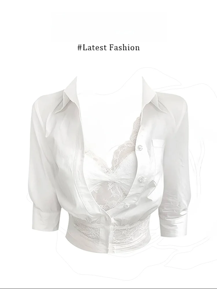 

Parkyeon Sexy Splice Lace Design Slim Fit Shirt Waist Cinching Slimming Early Summer Top Ladylike Commute Style Short Sleeve