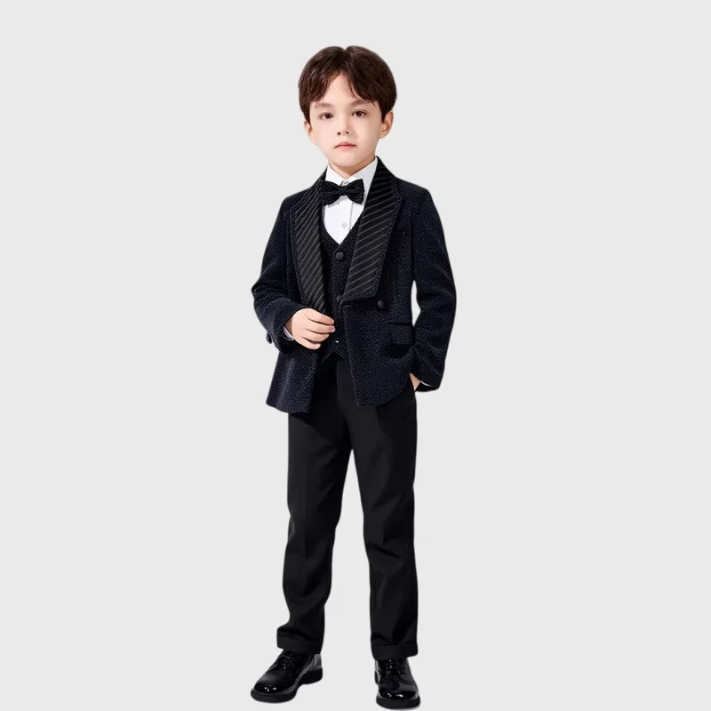 

Kids Black Jacket Vest Pants Bowtie 4Pieces Outfit Suit Set SPring Boy Birthday Wedding Party Host Piano Performance Costume