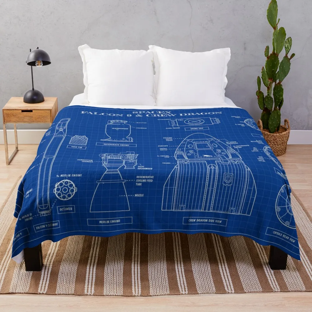 SpaceX: Falcon 9 and Crew Dragon (Blueprint-English) Throw Blanket Weighted Soft Plaid blankets ands Bed Fashionable Blankets