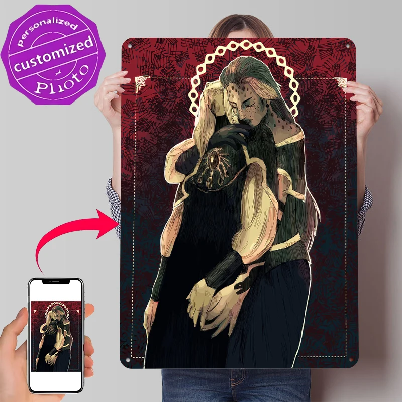 Two Figures Embracing in a Stylized Embrace Tinplate Poster Customized Wall Art Retro Vintage Metal Signs for Fans Desk Decor