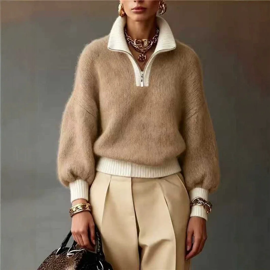 High Quality Hot Selling Wholesale Women's Half Zip Knitted Sweater Winter New Contrasting Color Fashionable Loose Tops Casual