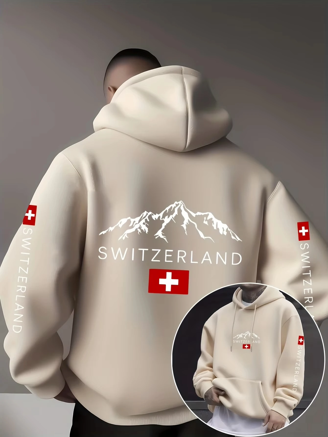 Herbst-Winter-Herren-Kapuzenpullover, Schweizer Alpenflagge, beidseitig bedruckter Pullover-Hoodie, patriotische Streetwear, Langarm-Oberteil – Detail 14