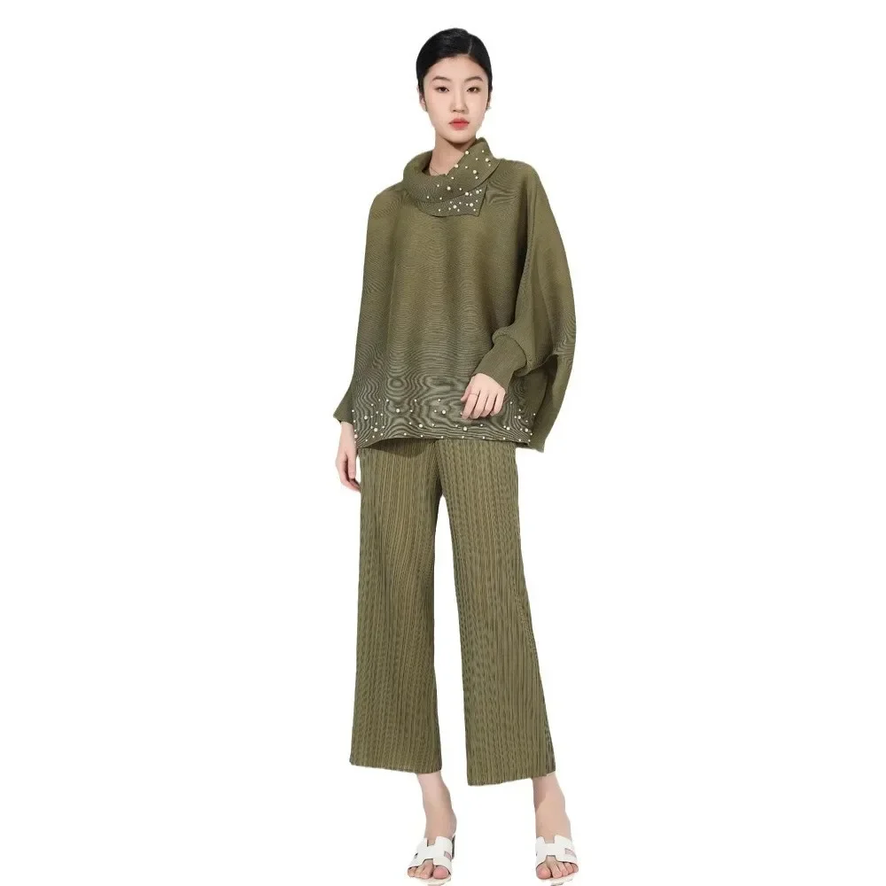 Miyake pleated lapel suit for women 2024 autumn new solid color beaded long-sleeved lapel top + straight pants two-piece set