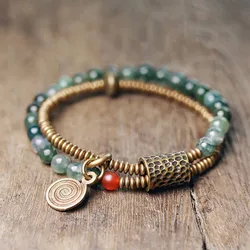 Small Beads Two Row Moss Stone Strand Bracelet Green Ocean Grass Hand Beaten Copper Charm Jewelry Money Amulet For Women Girls