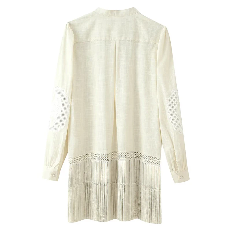 YENKYE Women Bohemian Patchowrk Tassel Shirt Stand Collar  Long Sleeve Hollow Out Embroidery Blouse Holiday Long Tops