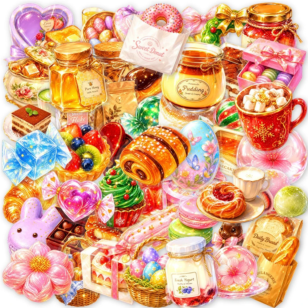10/30/50pcs Transparent Food Themed Cartoon Stickers Shiny Dessert Cake Sticker Waterproof Graffiti Stationery Laptop Phone