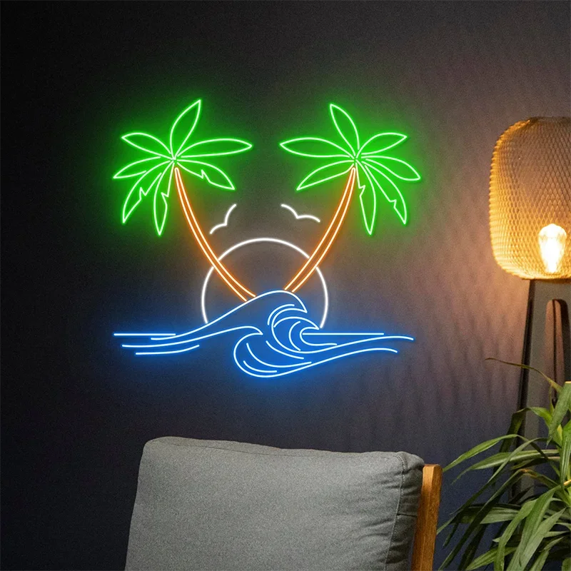 Sun Ocean Waves Palm Tree Neon Sign Beach Led Sign Holiday Led Light Tropical Sea Island Signs Pool Party Room Wall Decorations