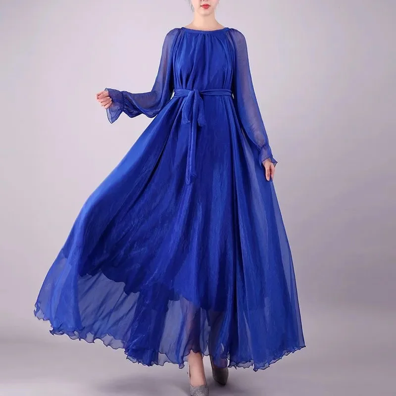 Elegant Chiffon Long Dress 2024 Spring/Summer New Long Sleeve Seaside Vacation Beach Dress Solid Color Elegant Ladies Vestidos