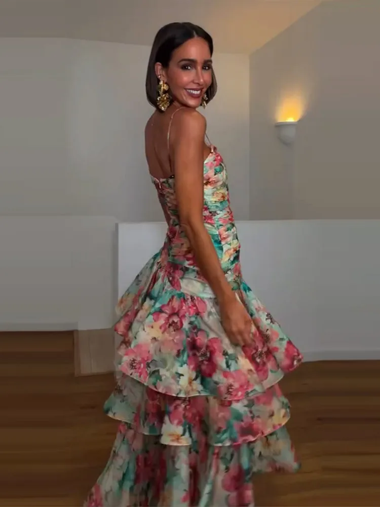 Bedrucktes, tailliertes, langes Slip-Kleid für Damen, sexy, ärmellos, rückenfrei, mit Falten, kaskadierenden Rüschen, großem Rock, Party- und Abendkleid, neu – Detail 9