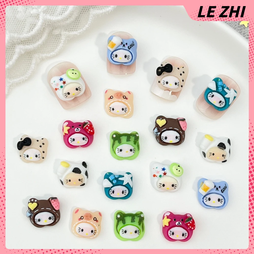 20Pcs Cute Hello Kitty Hat Cross Dressing Nail Accessories Cartoon Pig Bear Apple Strawberry Watermelon Milk Resin Nail Decora