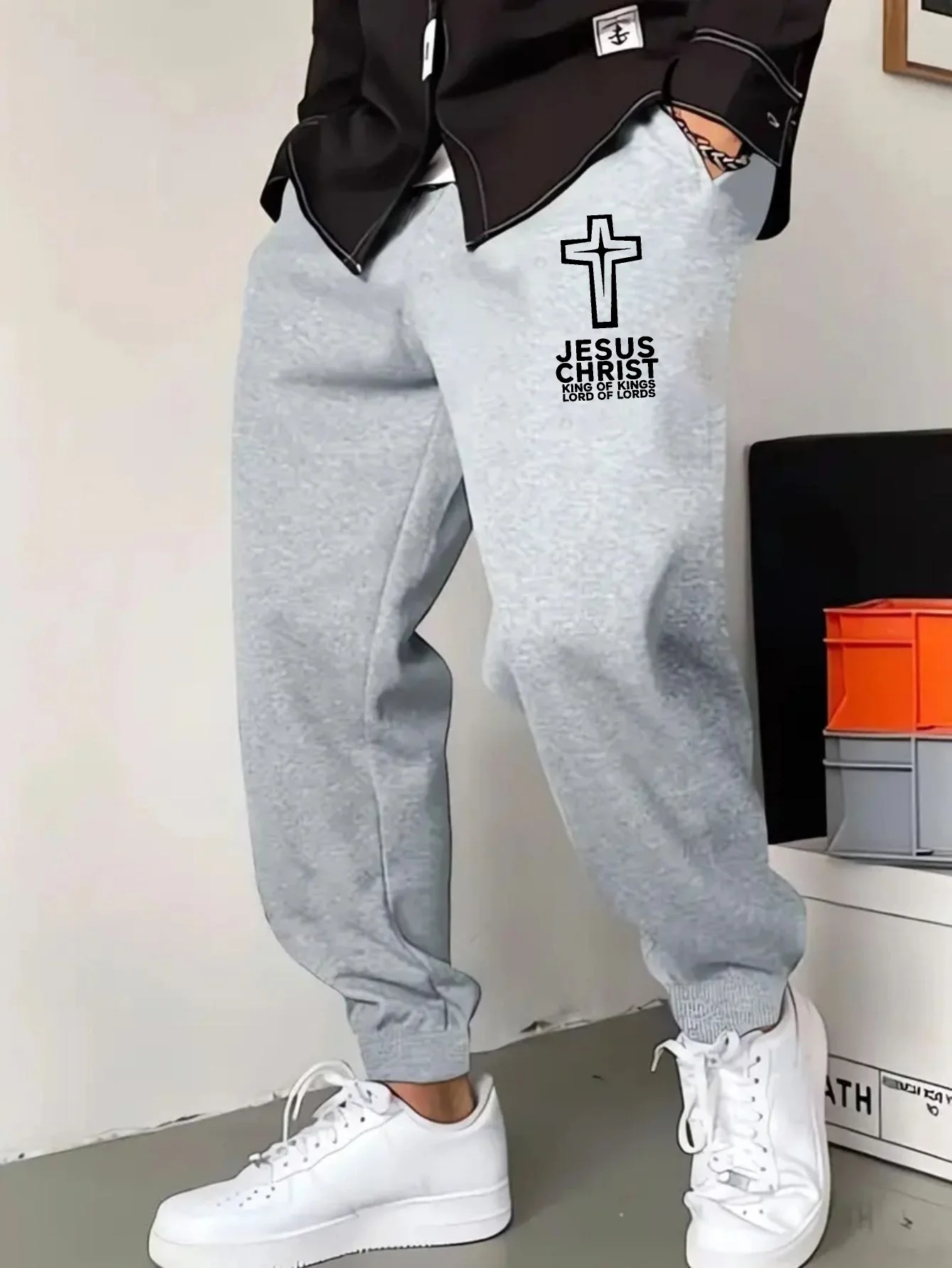 Pantaloni sportivi da uomo con motivo Gesù Cristo, pantaloni con coulisse stampati casual alla moda, stampa con design incrociato, adatti per S-3X casual