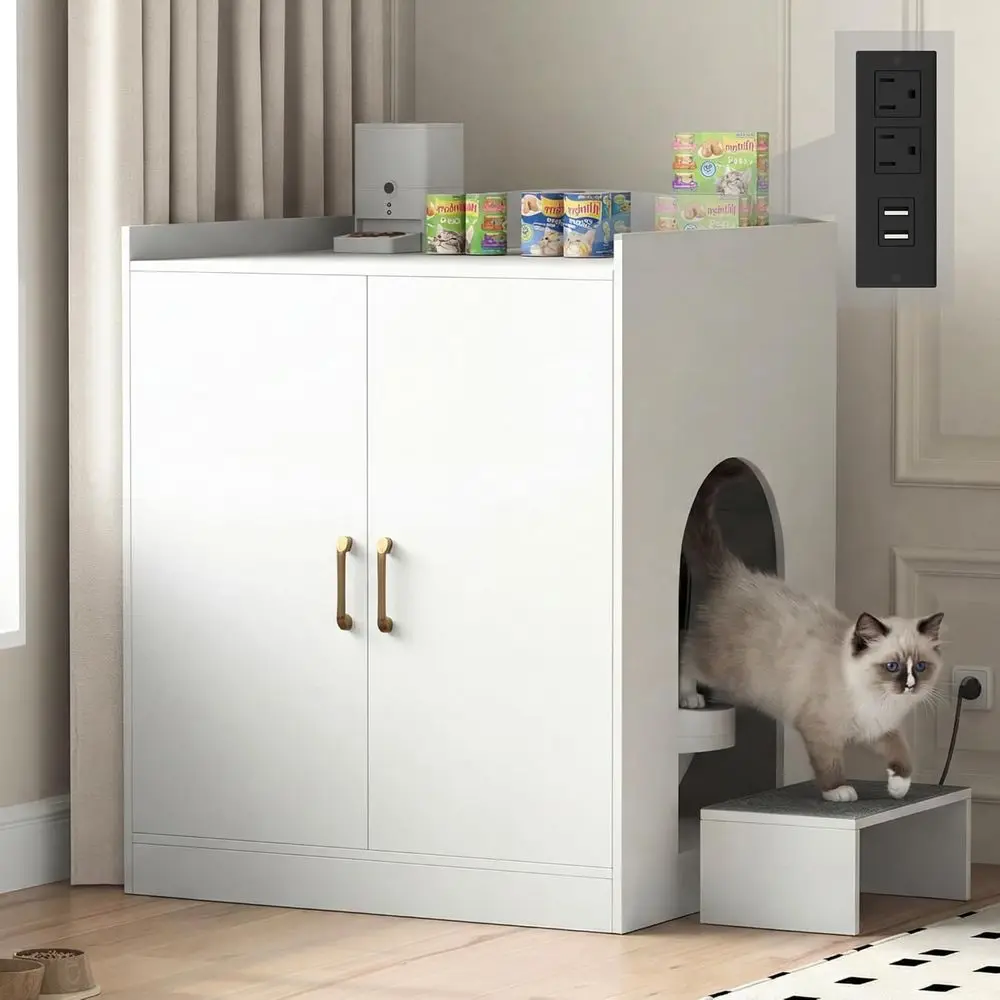 

Large White Cat Litter Box Cabinet with Charging Station and Self-Cleaning Robot Options for Senior Cats