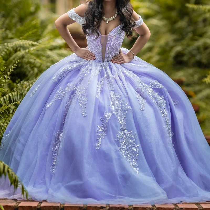 

Lavender Princess Quinceanera Dresses Gillter Crystal Applique Lace Beads Tull Corset Lace-up vestidos de 15 años Prom Sweet 16