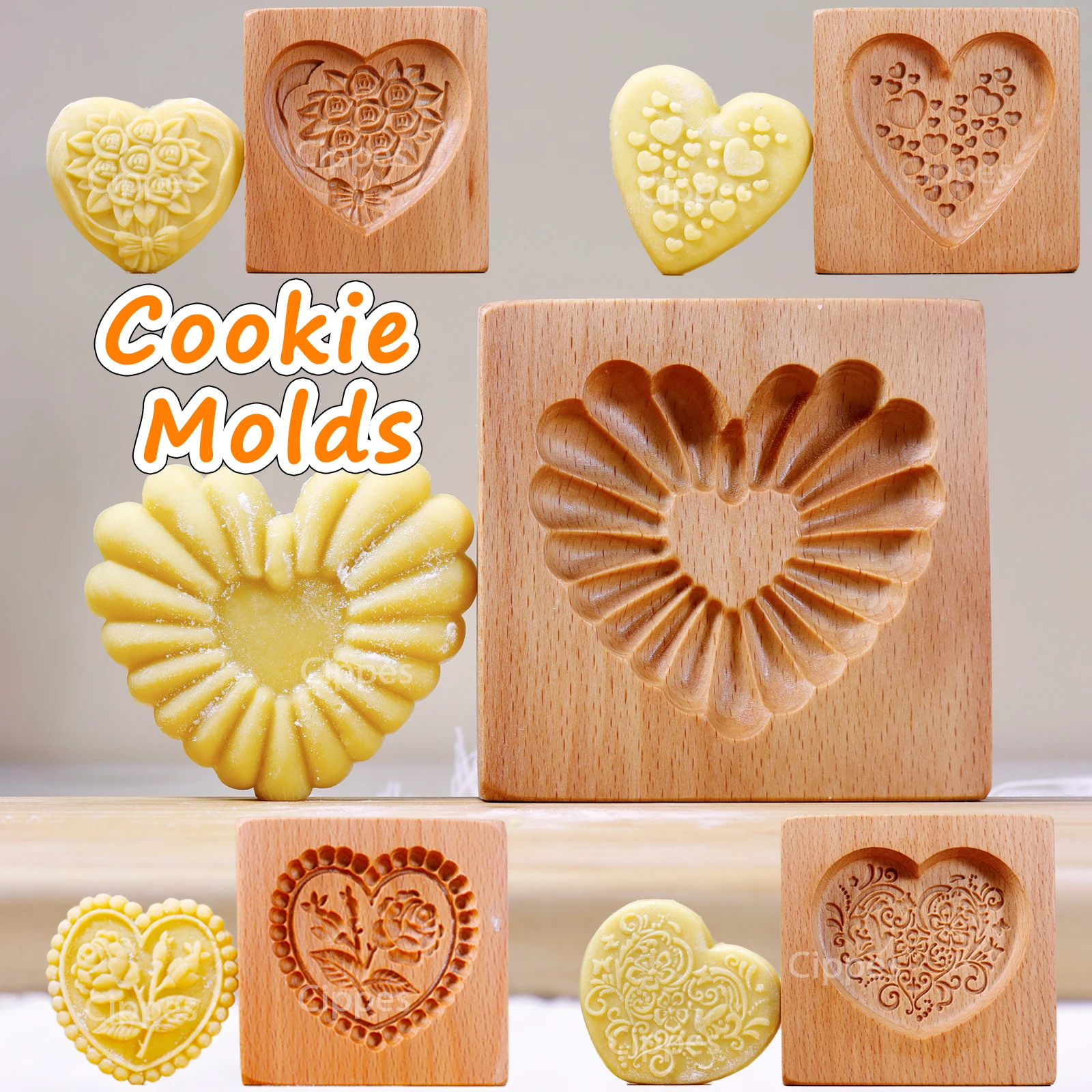 1PC Wood Cookie Molds with Heart & Flower Patterns, 3D DIY Carved Embossed Cookie Cutter Moulds for Baking, Fondant Cake Biscuit