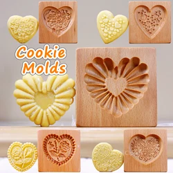 1PC Wood Cookie Molds with Heart & Flower Patterns, 3D DIY Carved Embossed Cookie Cutter Moulds for Baking, Fondant Cake Biscuit