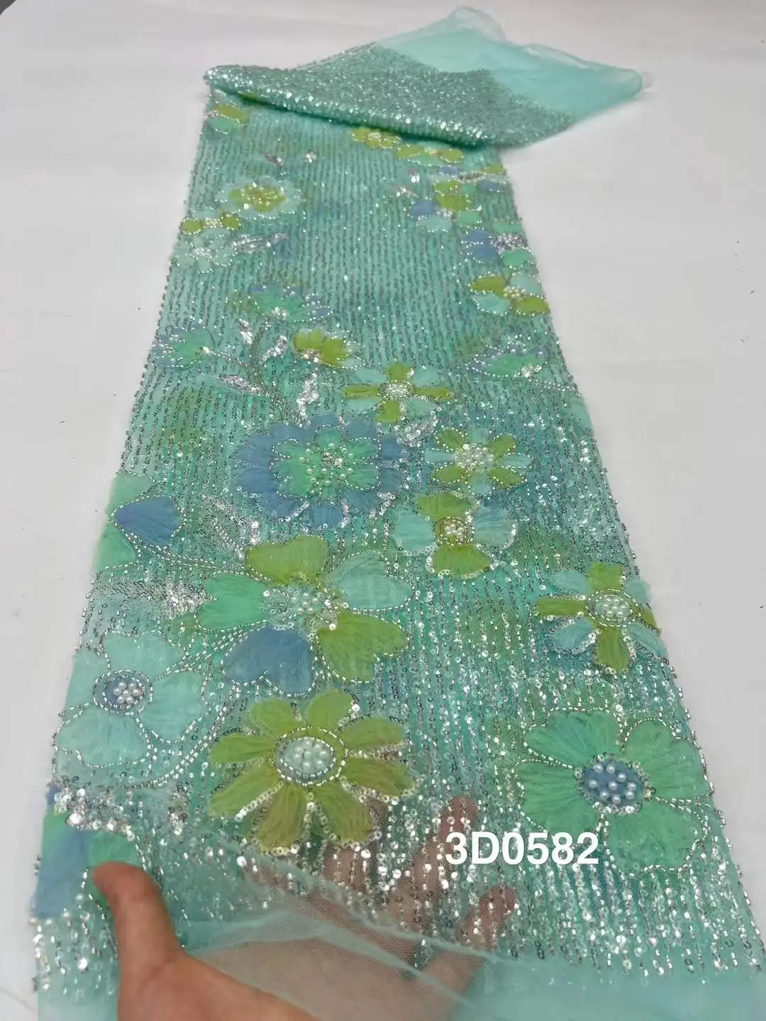 

African Beaded Lace Fabric 2025 High Quality Beads Lace Fabric for Wedding Party Dress Tulle Mesh Sequins Lace Fabric 5 Yards