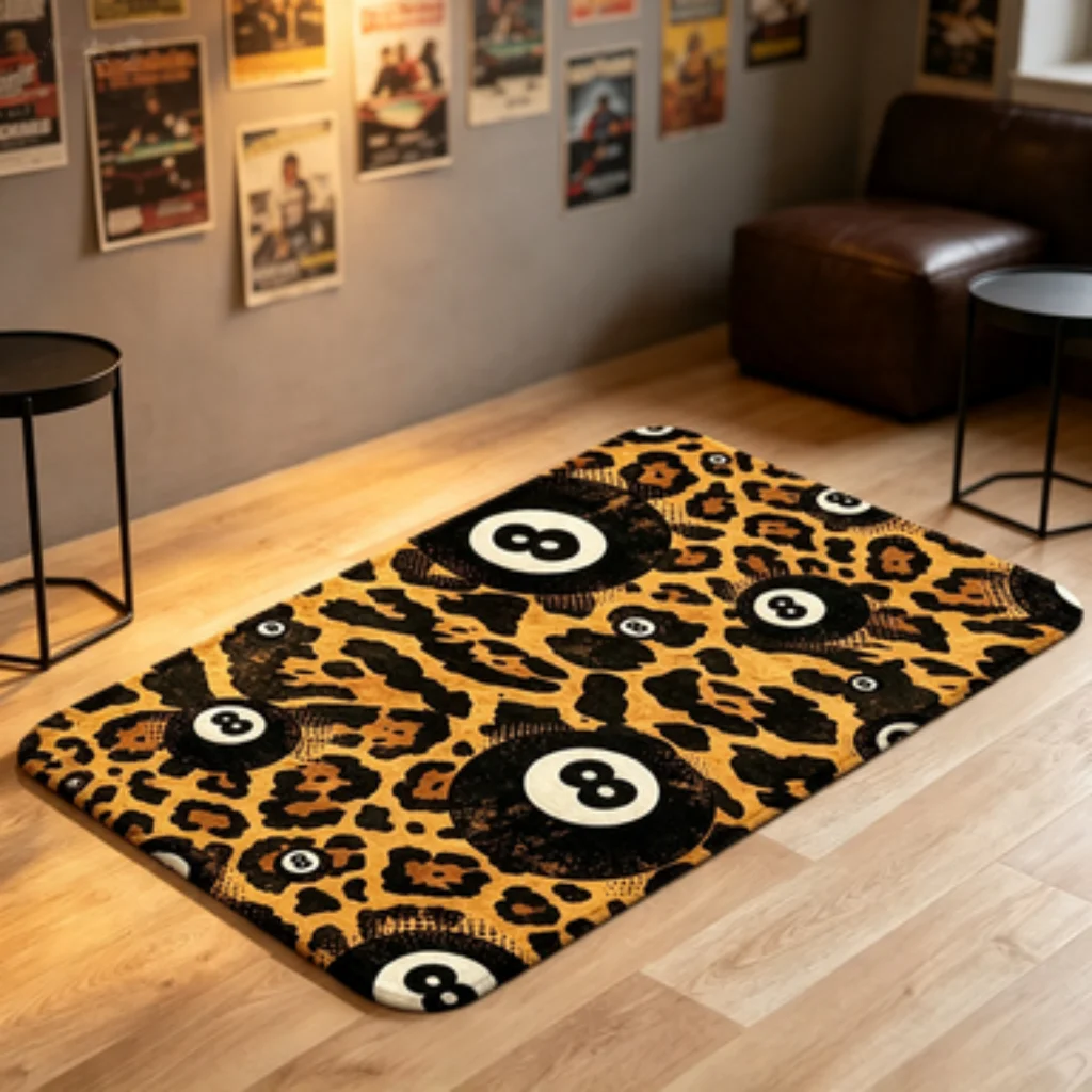 Pink Leopard Print Runner, Yellow Leopard Number 8 Door Mat, Navy Fish Line Mat, Ukiyo-e Garden Onsen Rug.