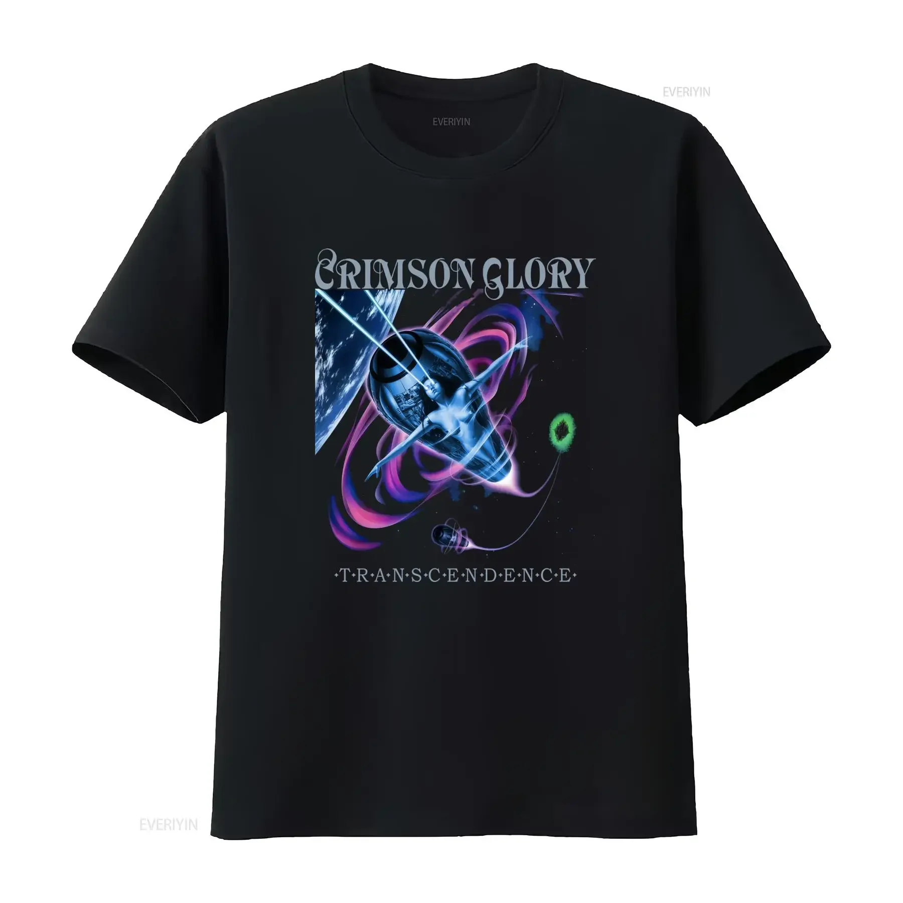 T-shirt décontracté vintage Heavy Metal Crimson Glory Transcendence Album Sci Fi Space Print, effet délavé, légèrement unisexe, élégant