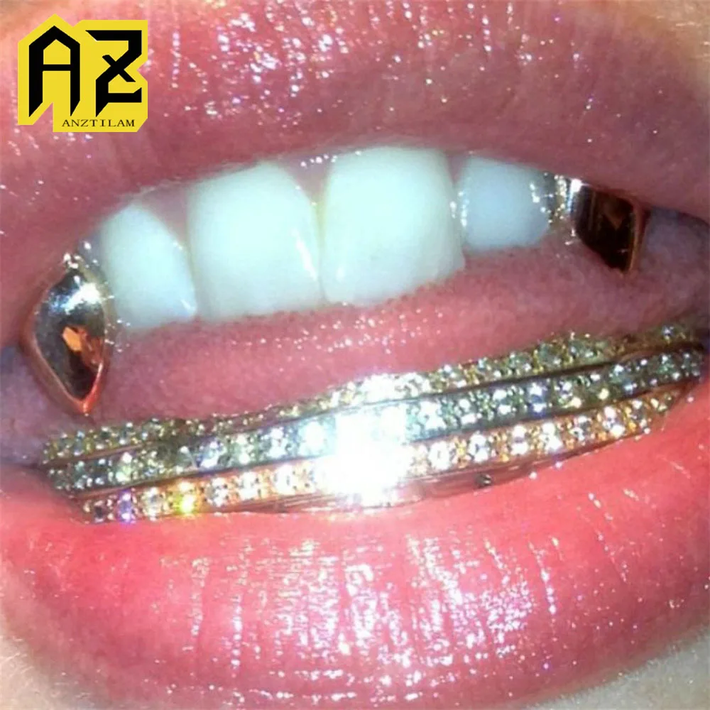 

Anztilam 4-Teeth Set Iced Out Grillz Full Zircon Tooth Shine Grills Men Women Hip Hop Tooth Grills Caps Brass Fashion Jewelry
