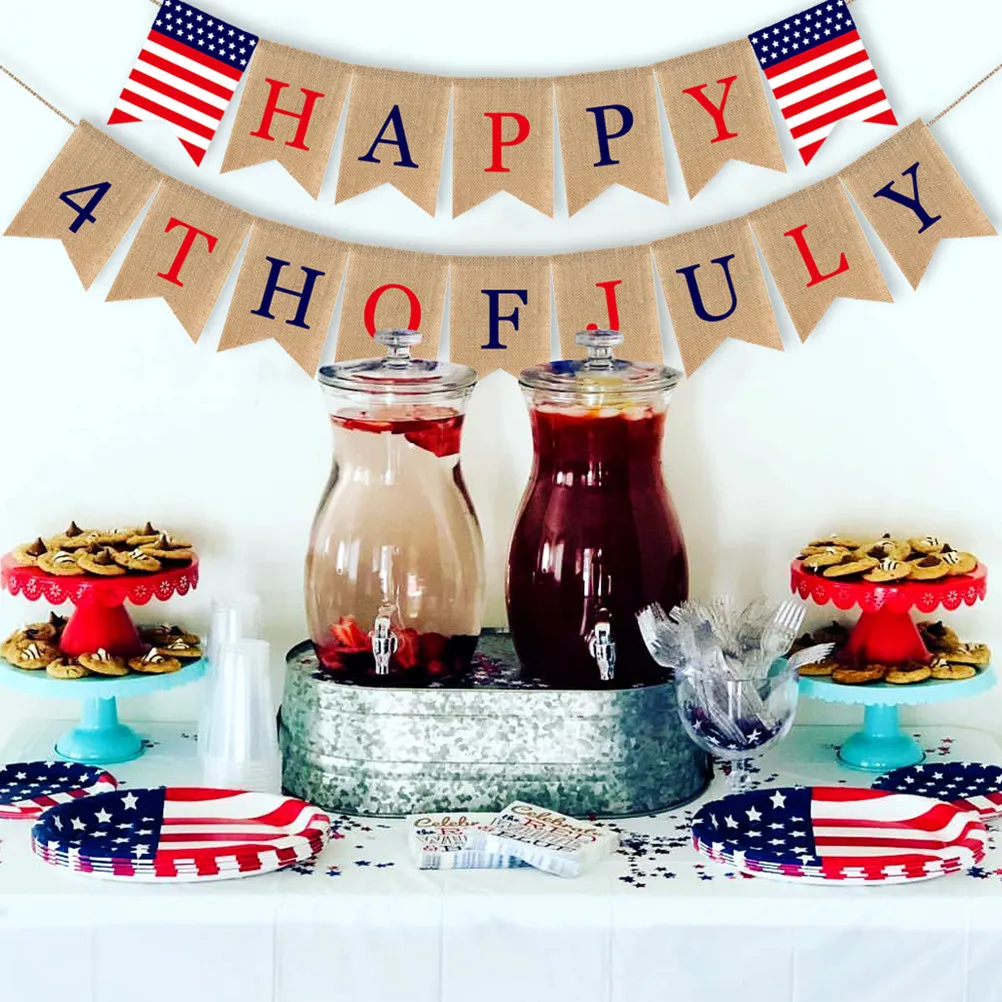 Guirlande de fanions en toile de jute en forme de queue d'hirondelle, bannière Joyeux 4 juillet, décoration pour la fête de l'Indépendance américaine, pour l'intérieur et l'extérieur