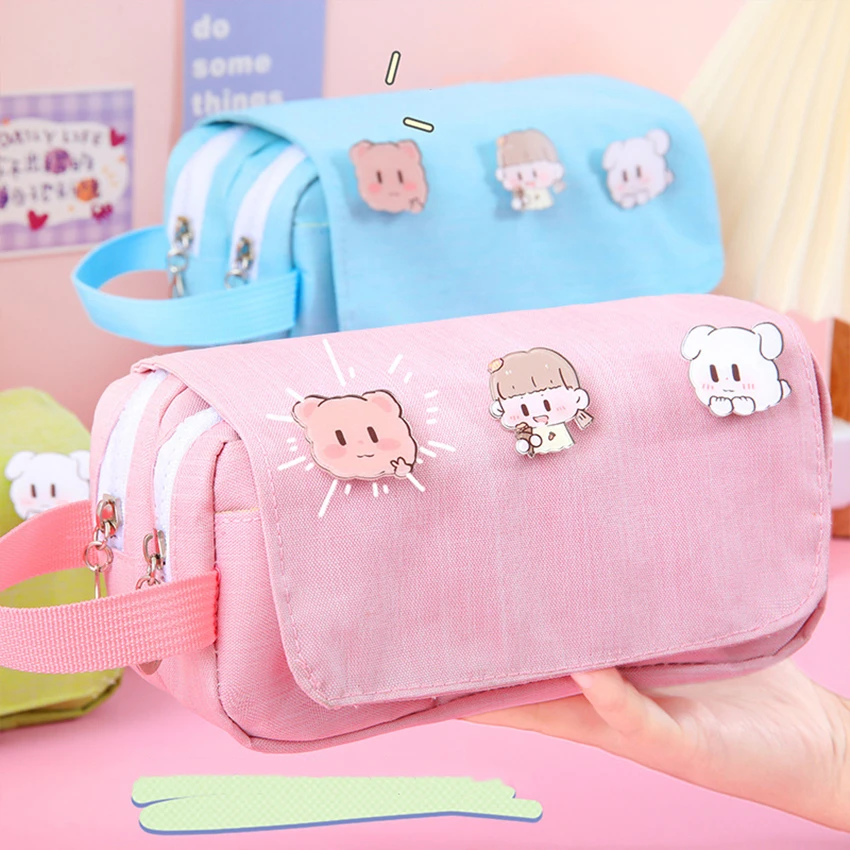 Pencil Case Cases Kawaii Estuche Korean Stationery Trousse Cute Piornik Brooch Pencilcases Bags Pouch Large Capacity Lapicera