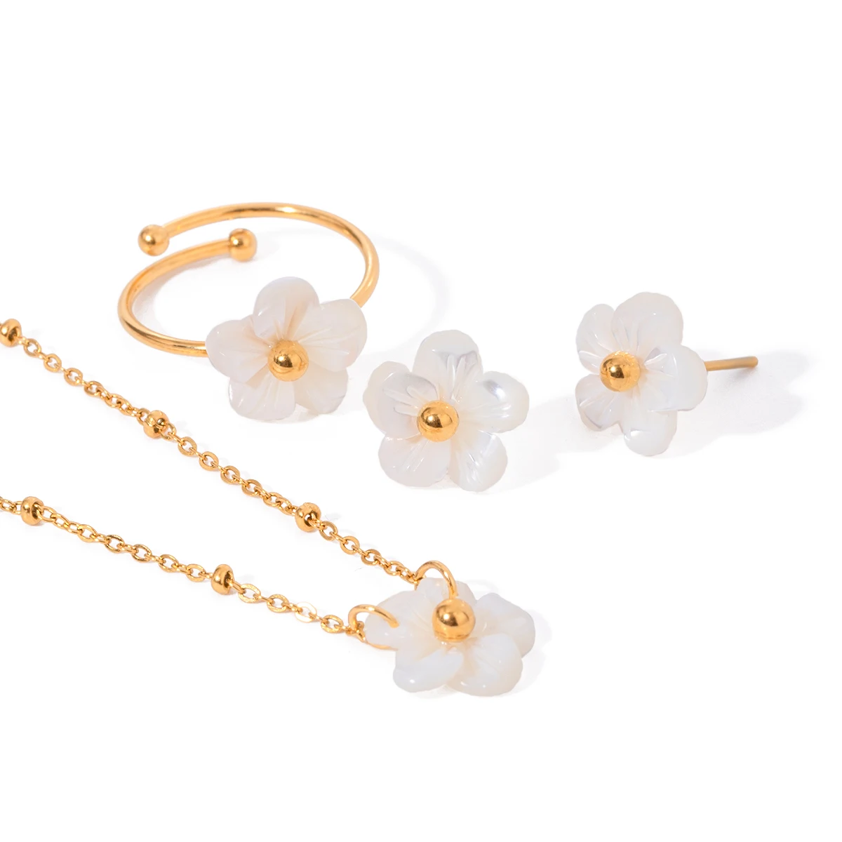 18K Gold Plated Stainless Steel Flower Open Ring & Necklace Set