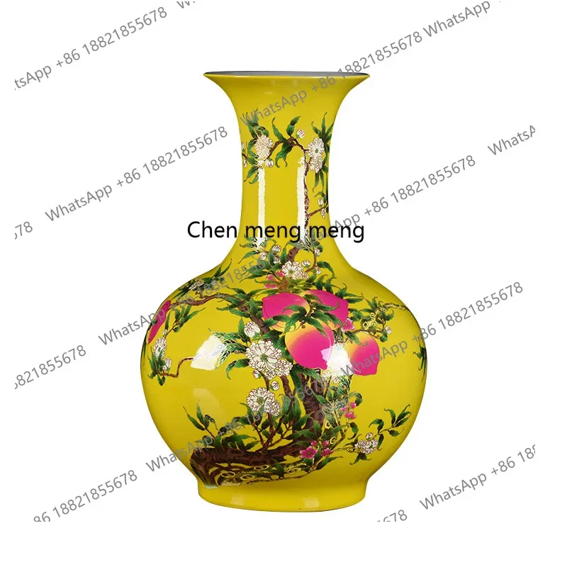 H178Ceramic vase with color yellow on the glaze, floor-to-ceiling vase appreciation vase, Chinese entrance jewelry ornament