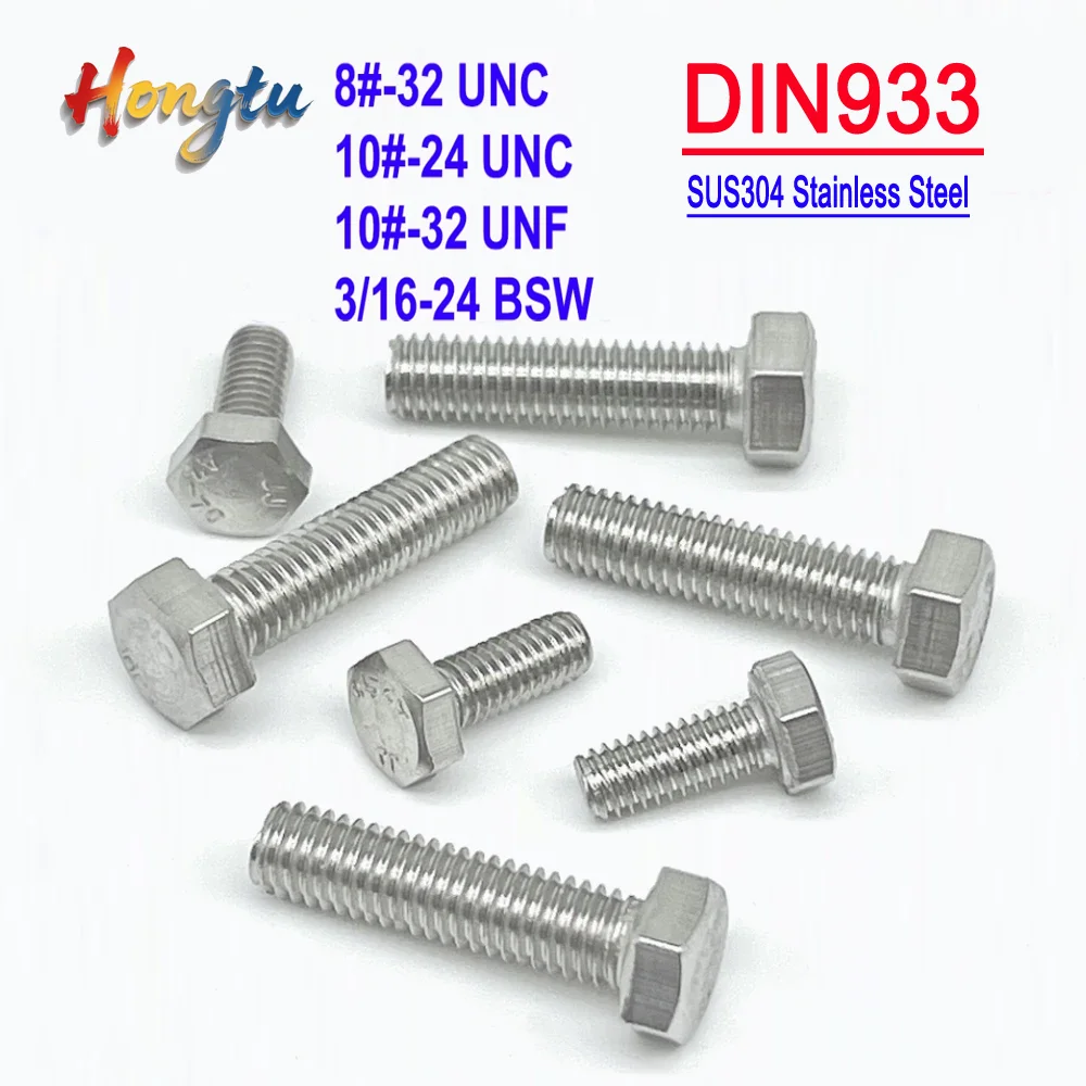 

DIN933 Full Threaded External Hex Bolts - 8# 10# UNC UNF & 3/16-24 BSW, SUS304 A2 Stainless Steel Hexagon Screws