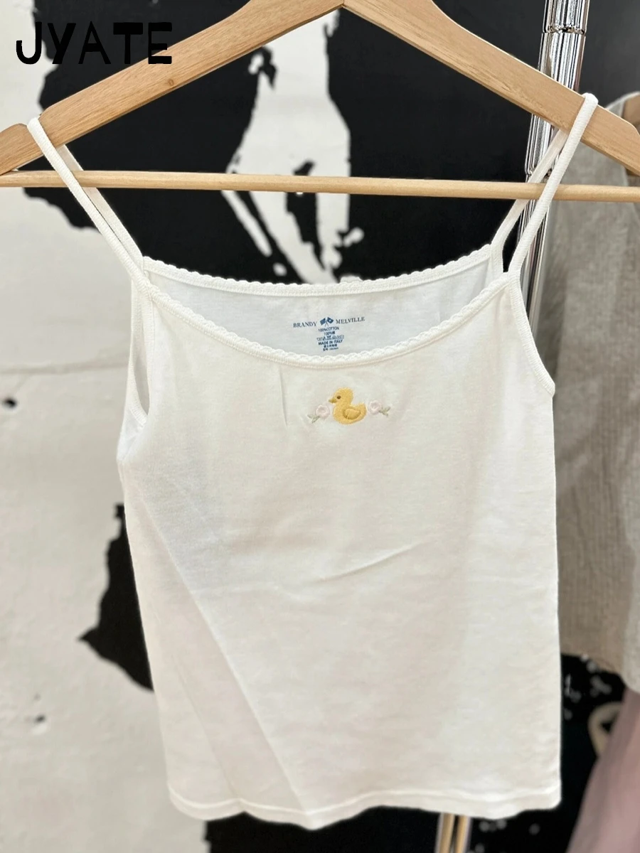 Sweet Little Duck Embroidery Graphic Camis Women Summer New Cotton White Fairycorn Style Crop Tops Cute Street Chic Tank Top Y2K