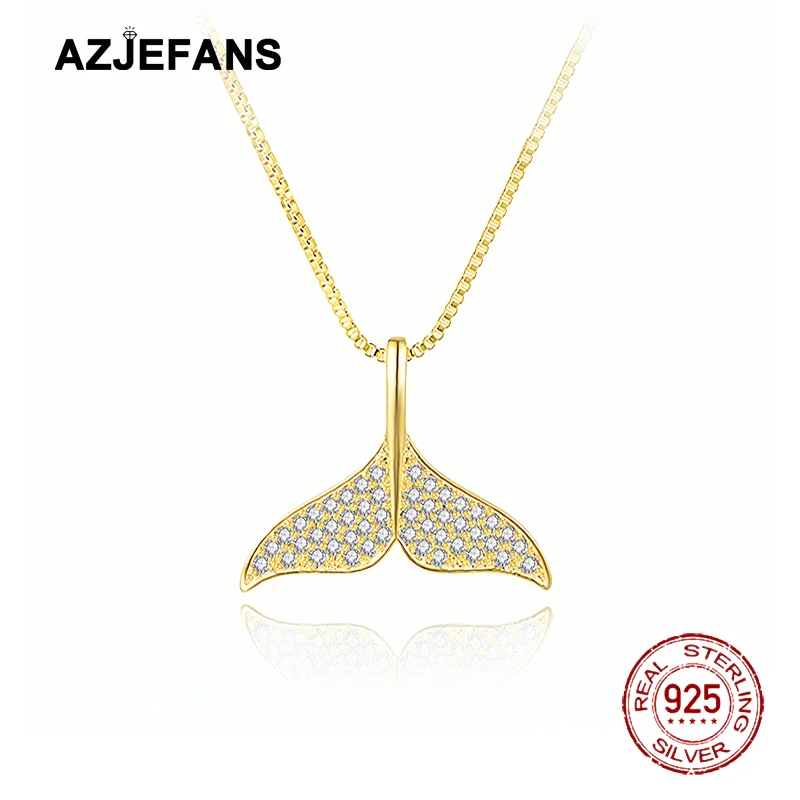 

AZJEFANS 925 Sterling Silver Shiny Full Zircon Dolphin Caudal Fin Pendant Necklace Fine Jewelry