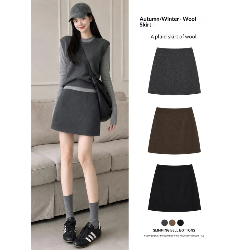 Women Grey Woolen Midi Skirt New Autumn High Waist Slim Fit A Line Petite Tailored Wrap Casual Office Daily Wear Skirt