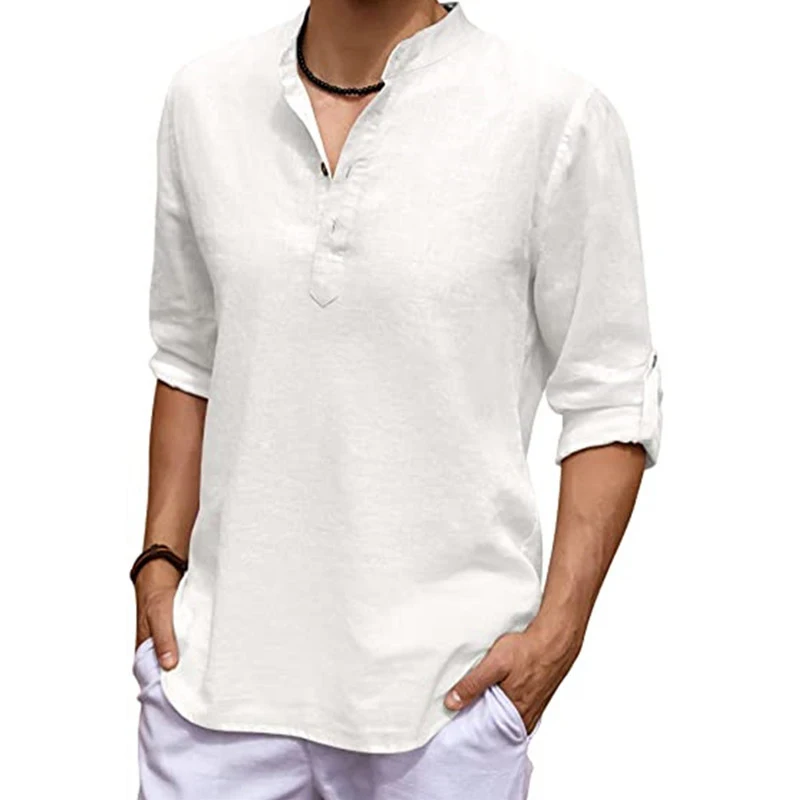 New Men\'s Linen Long Sleeve V-neck T Shirt Solid Color Oversize Casual Shirt Cotton Shirt Plus Size Yoga Button Shirts for Men