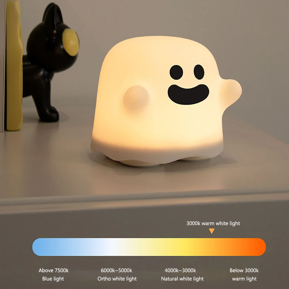 Cute Ghost Silicone LED Night  Light Bedroom Decoration Bedside Lamp USB Rechargeable Dimmable Soft Warm White Lighting