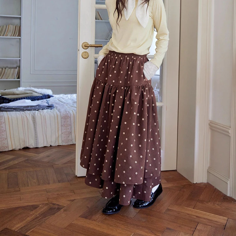 

French Polka Dot Cake Skirts for Women Autumn Y2K Fashion High Waist Pleated Long Skirts Woman Loose Vintage Elegant Midi Skirt
